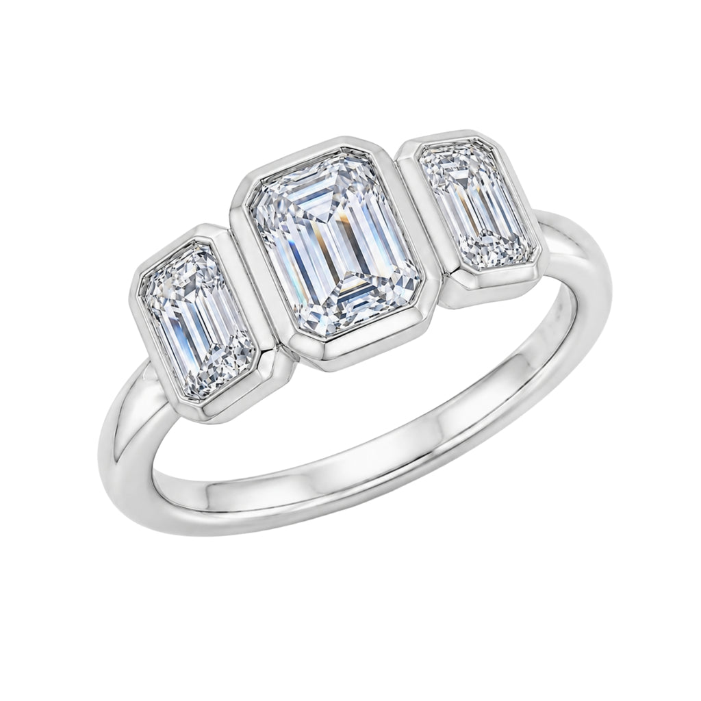 2.50 Carat T.W. Emerald-cut Lab Grown Diamond (F/VS+) 14K Gold Bezel Set 3 Stone Ring
