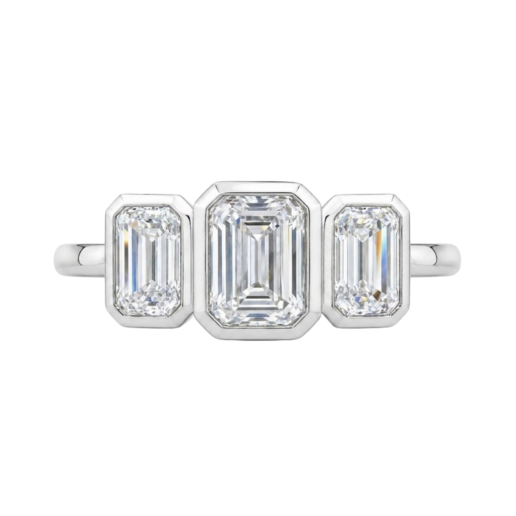 2.50 Carat T.W. Emerald-cut Lab Grown Diamond (F/VS+) 14K Gold Bezel Set 3 Stone Ring