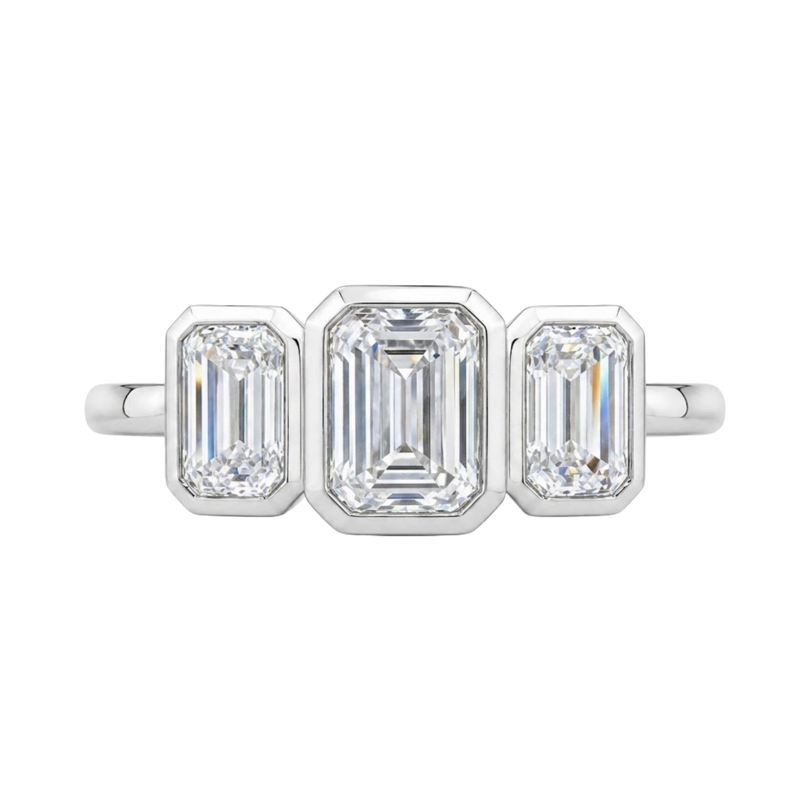 2.50 Carat T.W. Emerald-cut Lab Grown Diamond (F/VS+) 14K Gold Bezel Set 3 Stone Ring