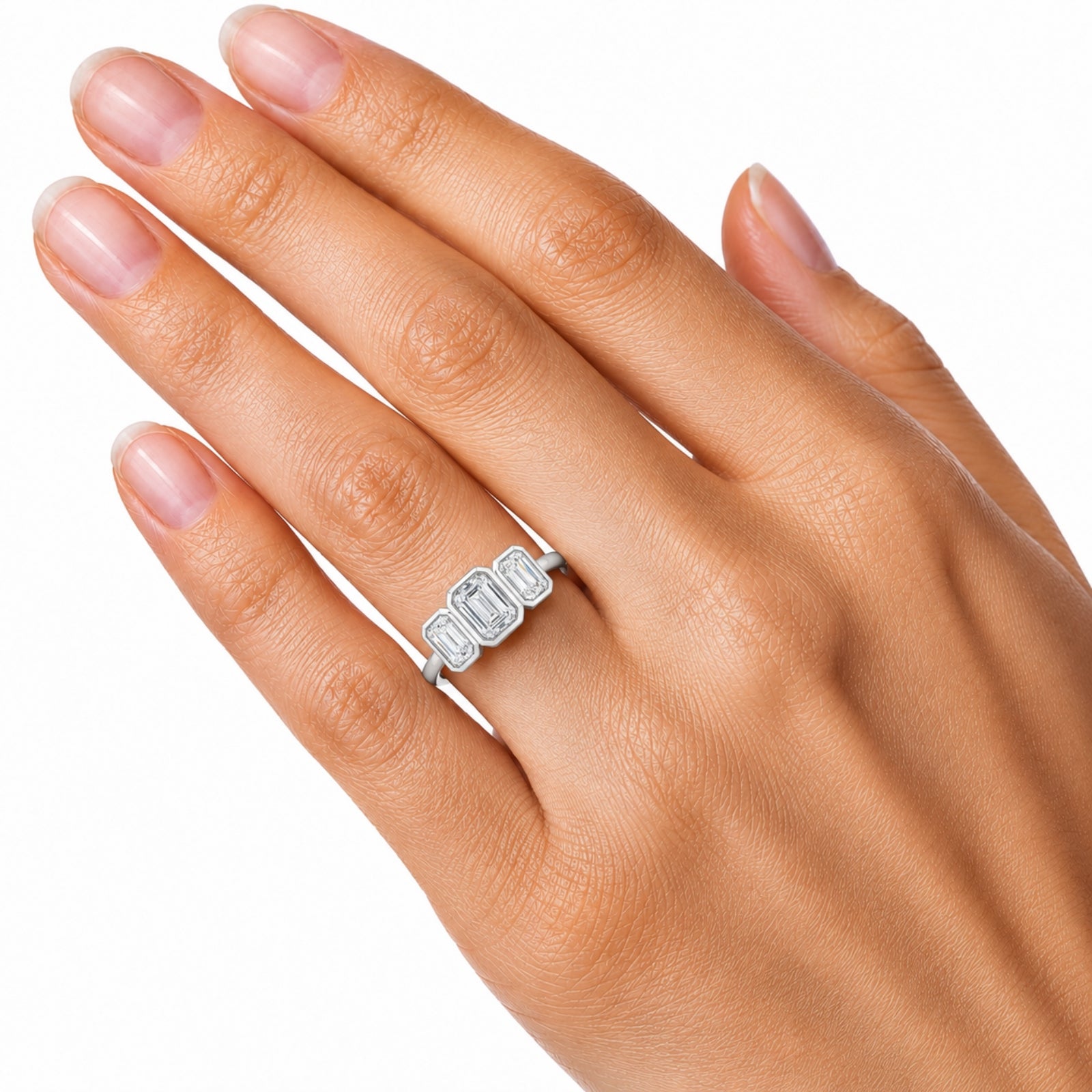 2.50 Carat T.W. Emerald-cut Lab Grown Diamond (F/VS+) 14K Gold Bezel Set 3 Stone Ring