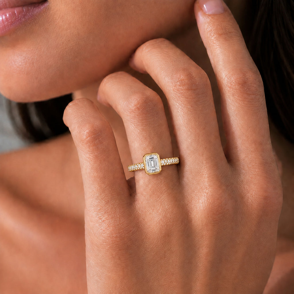 2.00 Carat T.W. Emerald and Round-cut Lab Grown Diamond (F/VS+) 14K Gold Solitaire Band Ring