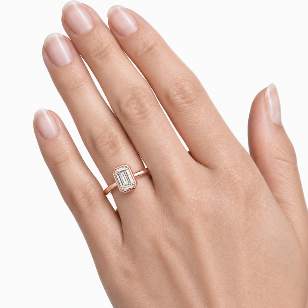 1.00-6.00 Carat T.W. Emerald-cut IGI Certified Lab Grown Diamond (F/VS+) 14K Gold Bezel Set Ring