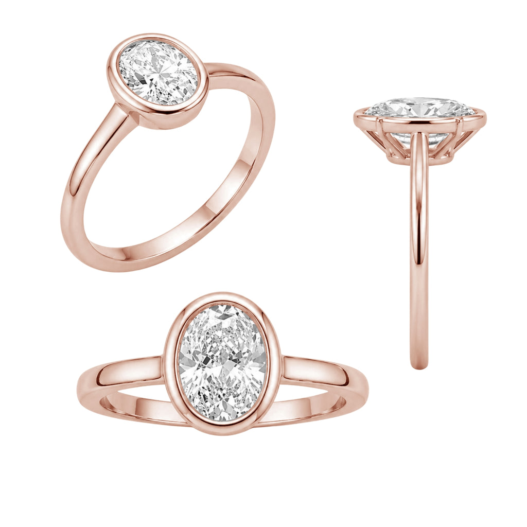 1.00-6.00 Carat T.W. Oval-cut IGI Certified Lab Grown Diamond (F/VS+) 14K Gold Bezel Set Ring