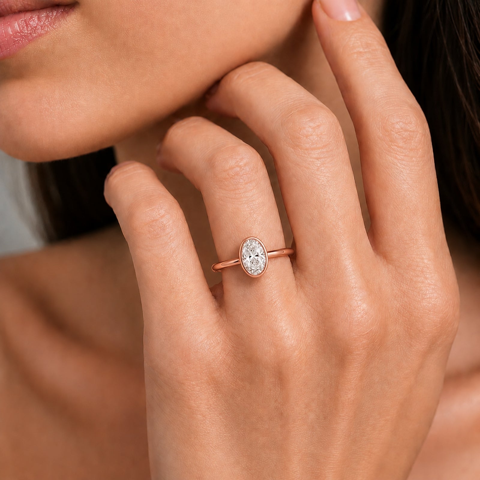 1.00-6.00 Carat T.W. Oval-cut IGI Certified Lab Grown Diamond (F/VS+) 14K Gold Bezel Set Ring