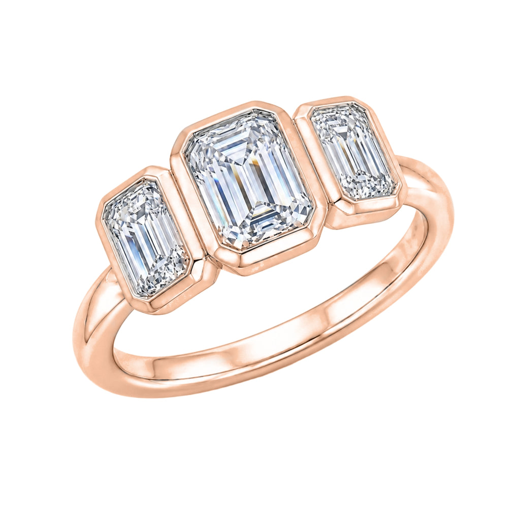 2.50 Carat T.W. Emerald-cut Lab Grown Diamond (F/VS+) 14K Gold Bezel Set 3 Stone Ring