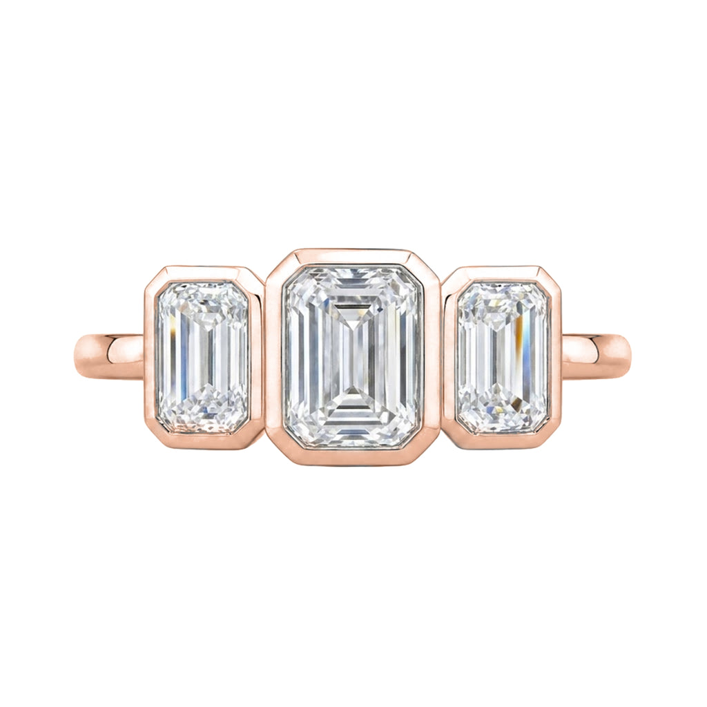 2.50 Carat T.W. Emerald-cut Lab Grown Diamond (F/VS+) 14K Gold Bezel Set 3 Stone Ring