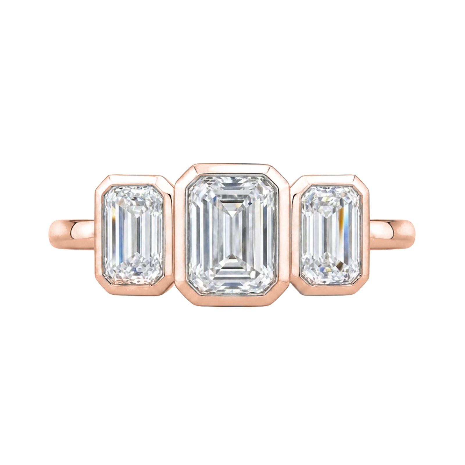 2.50 Carat T.W. Emerald-cut Lab Grown Diamond (F/VS+) 14K Gold Bezel Set 3 Stone Ring