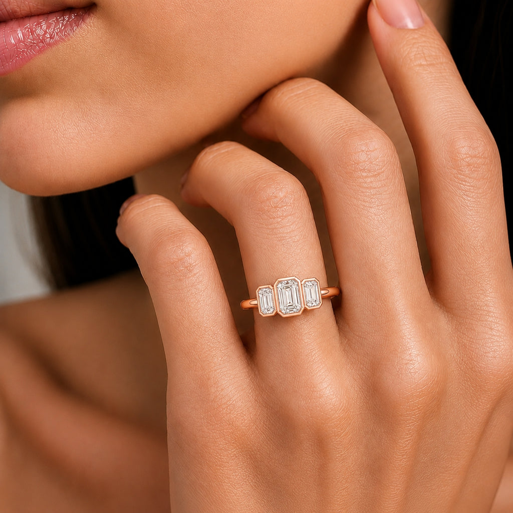 2.50 Carat T.W. Emerald-cut Lab Grown Diamond (F/VS+) 14K Gold Bezel Set 3 Stone Ring