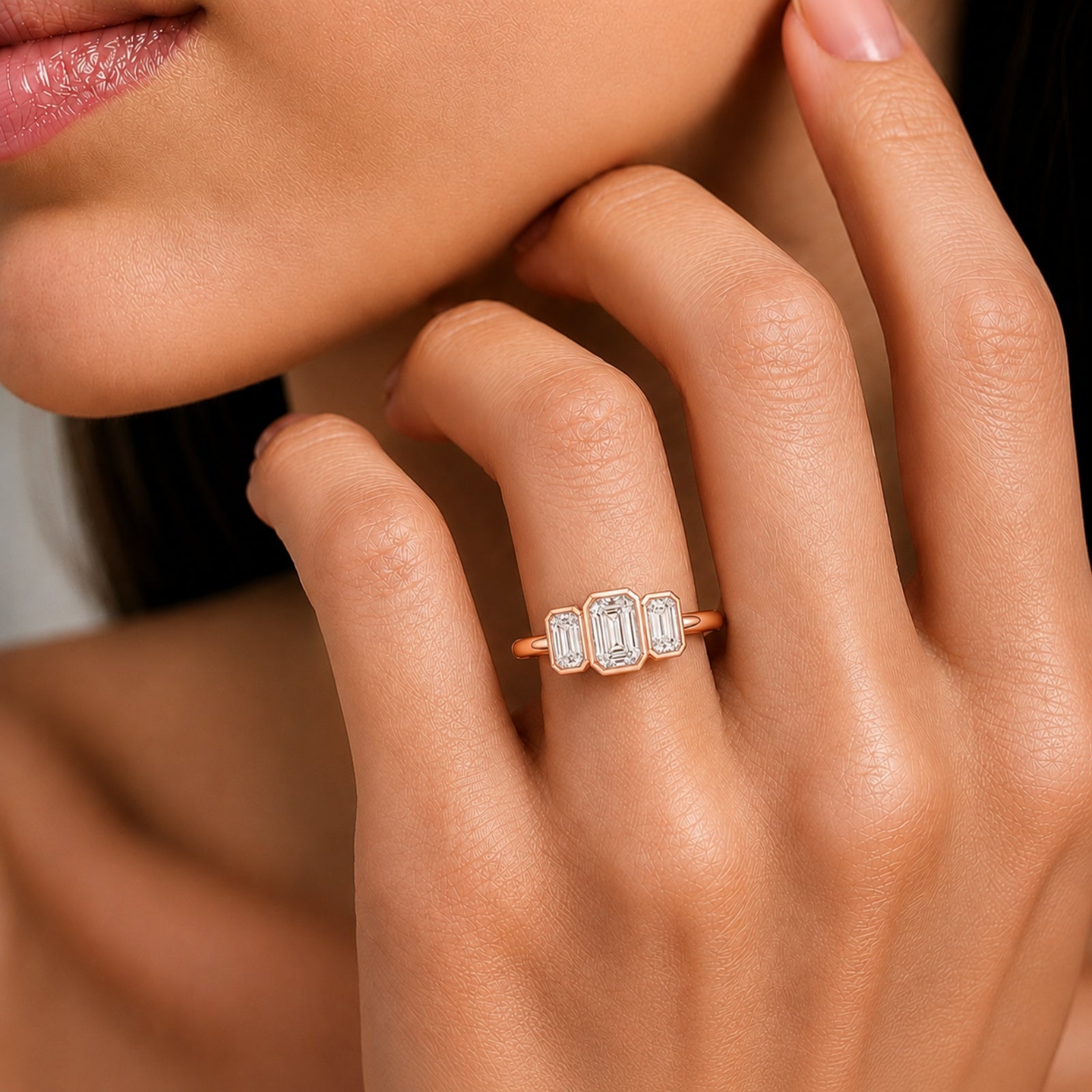 2.50 Carat T.W. Emerald-cut Lab Grown Diamond (F/VS+) 14K Gold Bezel Set 3 Stone Ring