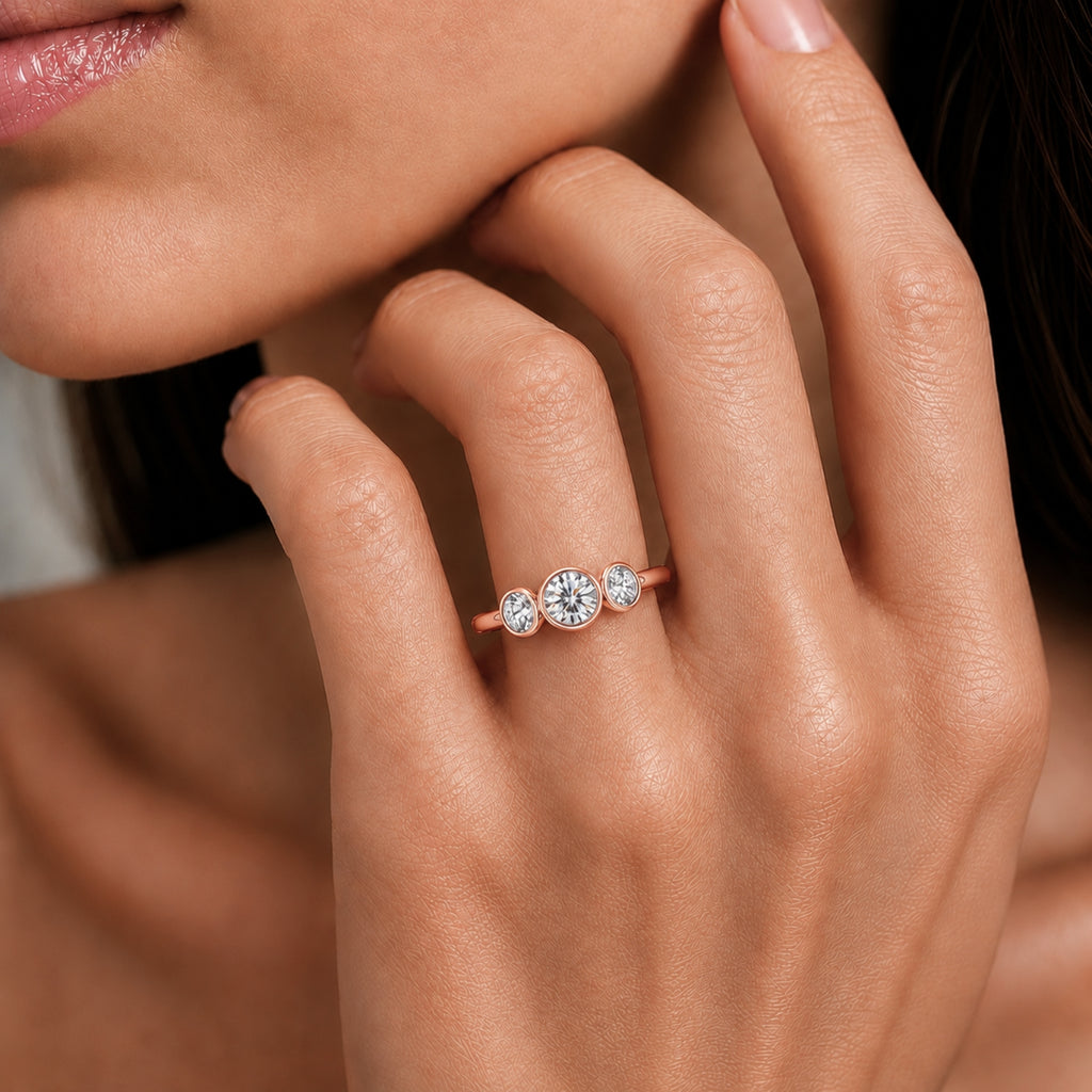 2.50 Carat T.W. Round-cut Lab Grown Diamond (F/VS+) 14K Gold Bezel Set 3 Stone Ring