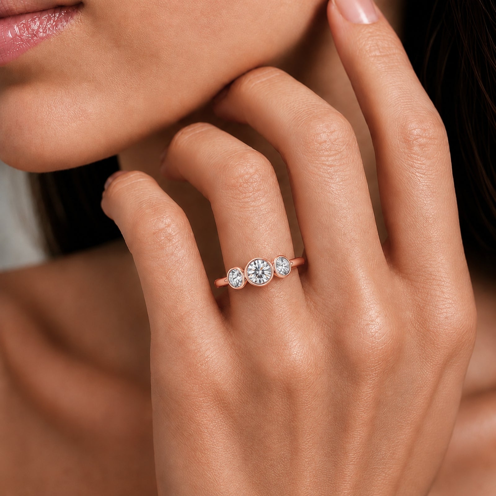 2.50 Carat T.W. Round-cut Lab Grown Diamond (F/VS+) 14K Gold Bezel Set 3 Stone Ring