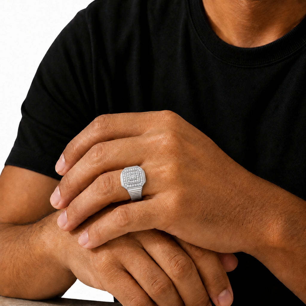 Diamonair Lab Grown Diamond (F/VS+) 1.00 carat Round cut Sterling Silver Men's Ring - Sterling Silver | Gold over Silver