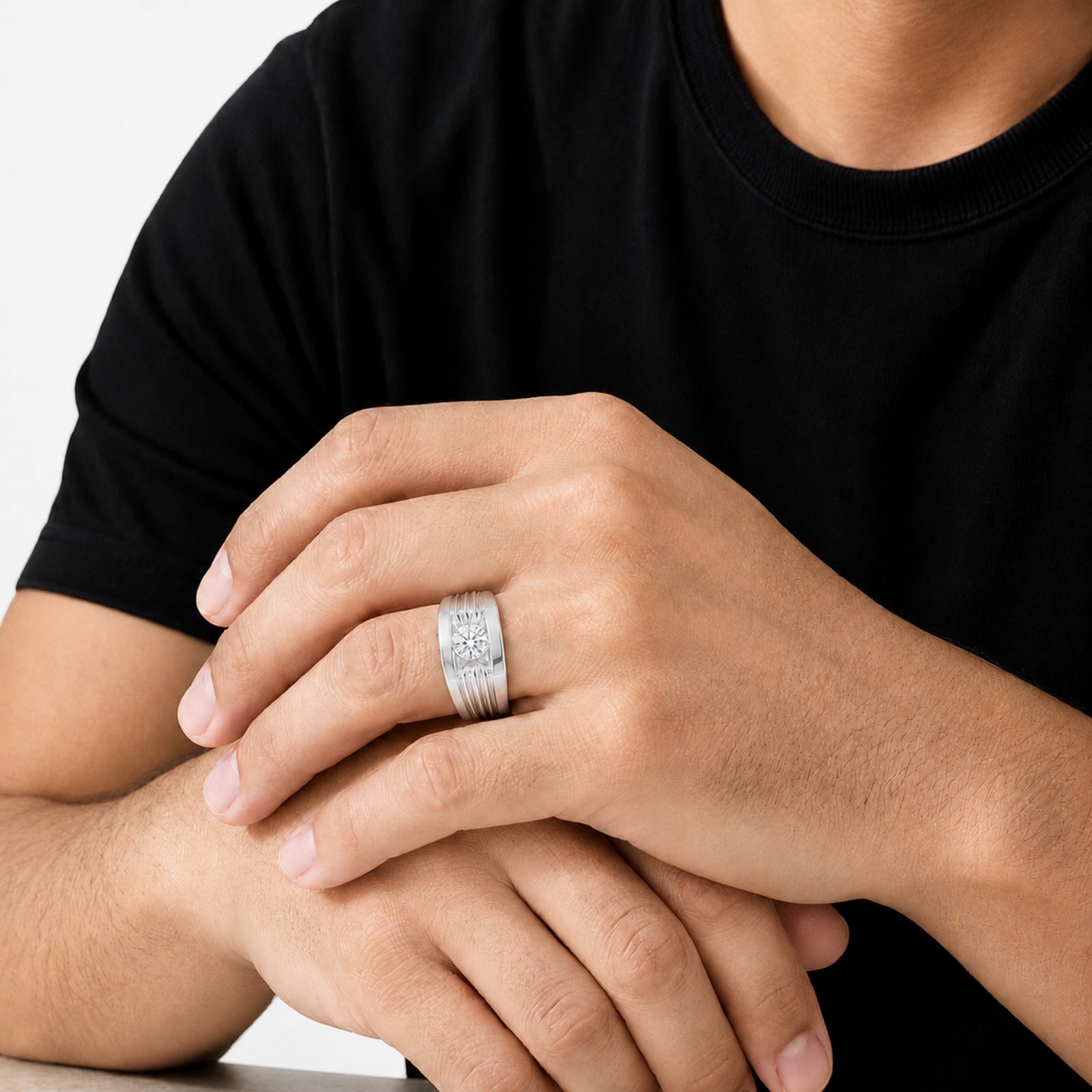 Diamonair Lab Grown Diamond (F/VS+) 1.00 carat Round cut Sterling Silver Men's Ring - Sterling Silver | Gold over Silver