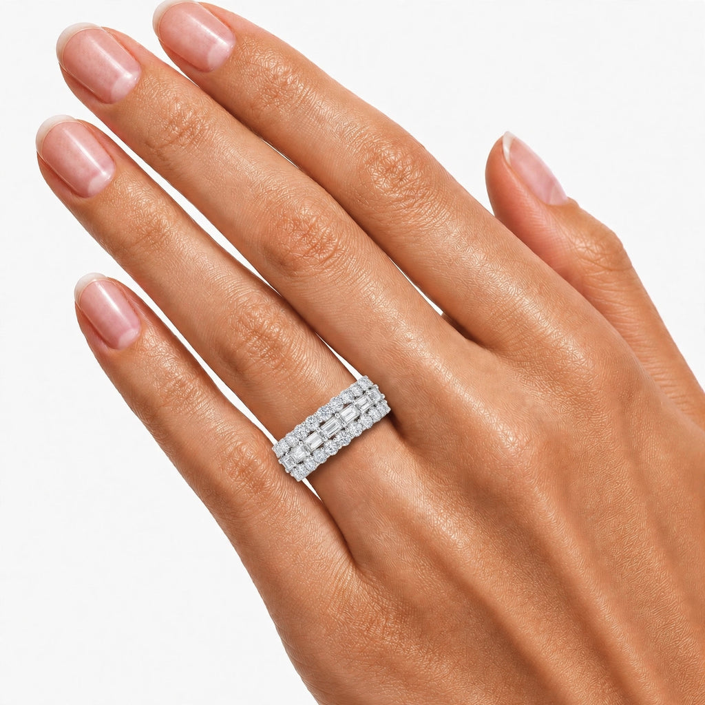 Diamonair Lab Grown Diamond (F/VS+) 4.10 carat Round cut Sterling Silver Band Ring - Sterling Silver | Gold over Silver
