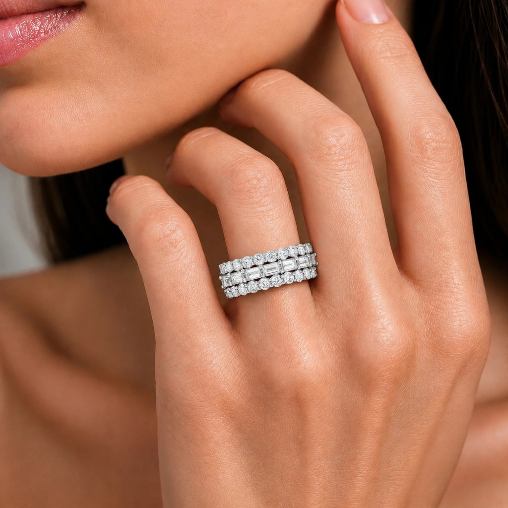 Diamonair Lab Grown Diamond (F/VS+) 4.10 carat Round cut Sterling Silver Band Ring - Sterling Silver | Gold over Silver
