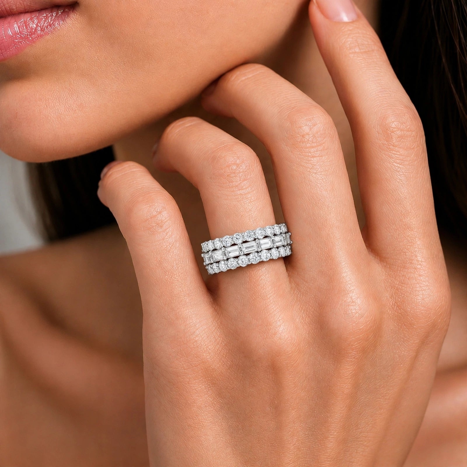 Diamonair Lab Grown Diamond (F/VS+) 4.10 carat Round cut Sterling Silver Band Ring - Sterling Silver | Gold over Silver