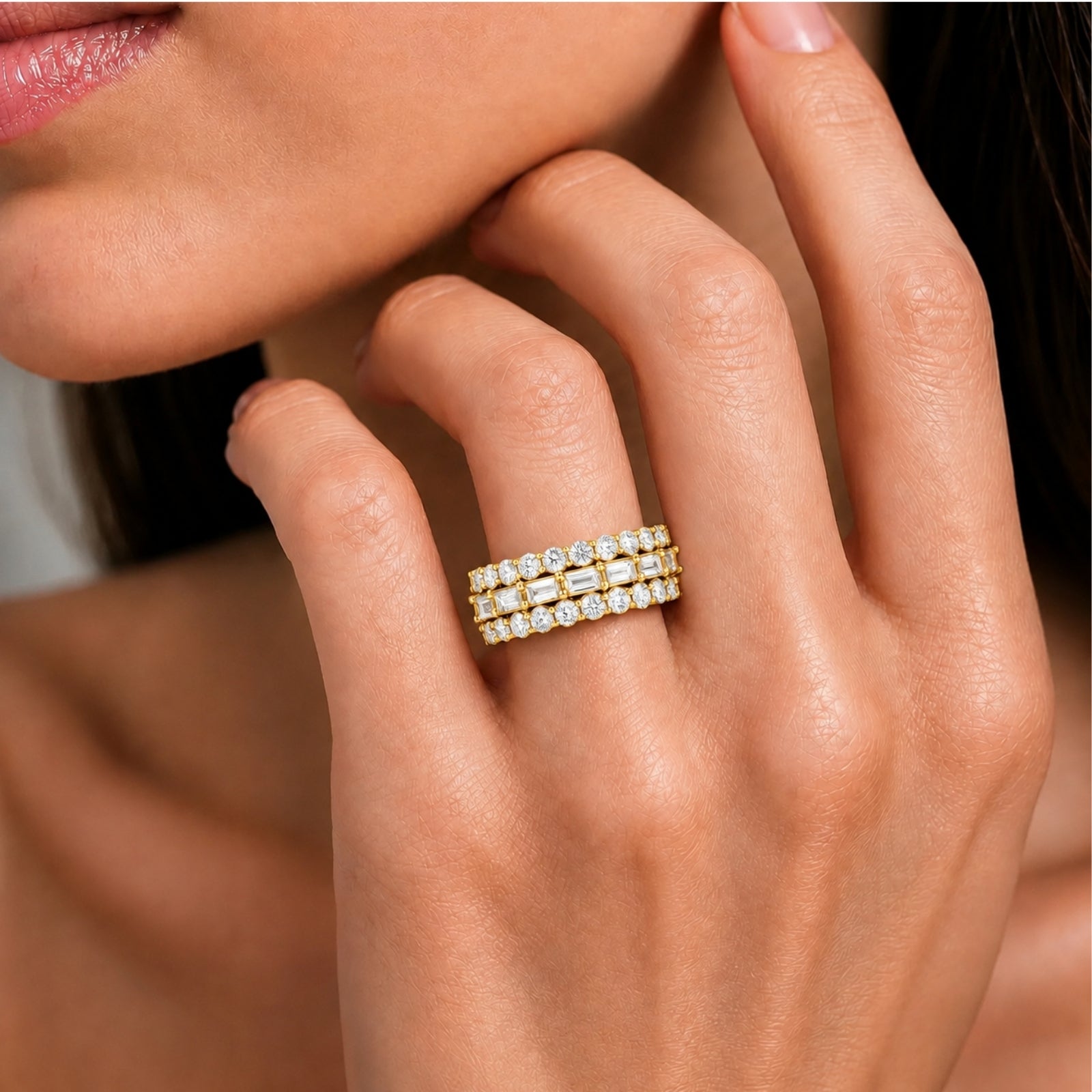 Diamonair Lab Grown Diamond (F/VS+) 4.10 carat Round cut Sterling Silver Band Ring - Sterling Silver | Gold over Silver