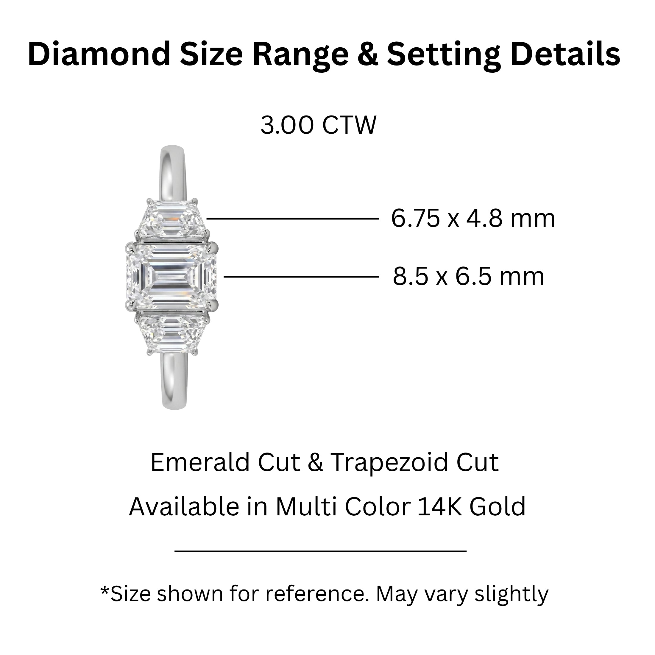 3.00 Carat T.W. Emerald and Trapezoid-cut Lab Grown Diamond (F/VS+) 14K Gold 3 Stone Band Ring