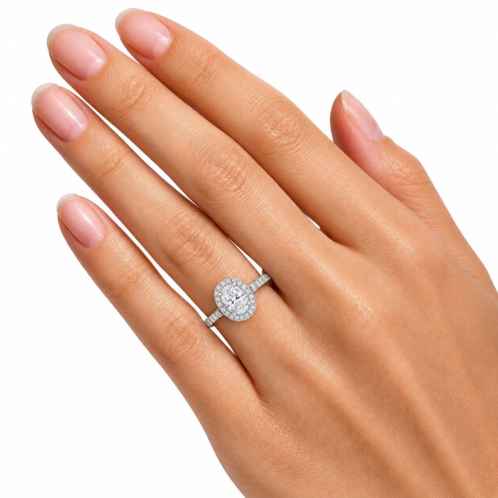 1.00-3.50 Carat T.W. Oval & Round-cut Lab Grown Diamond (F/VS+) 14K Gold Halo Ring