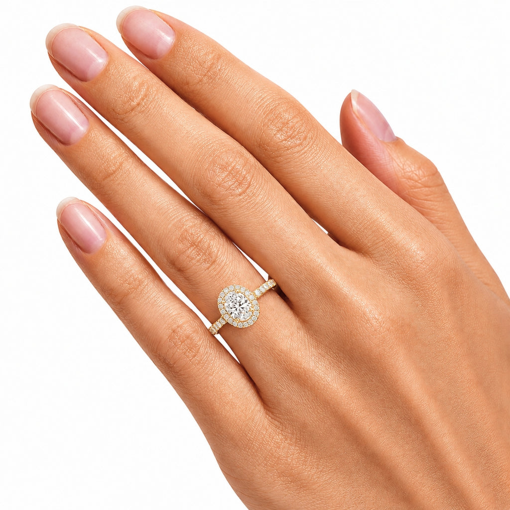 1.00-3.50 Carat T.W. Oval & Round-cut Lab Grown Diamond (F/VS+) 14K Gold Halo Ring