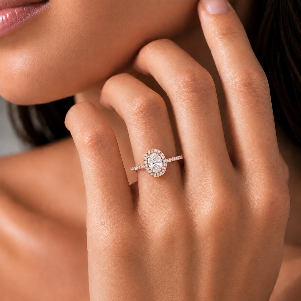 1.00-3.50 Carat T.W. Oval & Round-cut Lab Grown Diamond (F/VS+) 14K Gold Halo Ring
