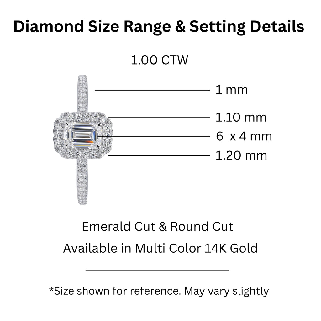 1.00-3.50 Carat T.W. Emerald & Round-cut Lab Grown Diamond (F/VS+) 14K Gold Halo Ring