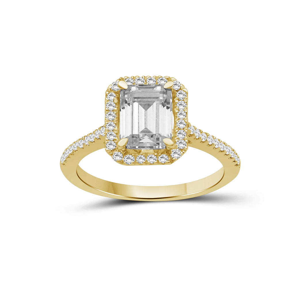 1.00-3.50 Carat T.W. Emerald & Round-cut Lab Grown Diamond (F/VS+) 14K Gold Halo Ring