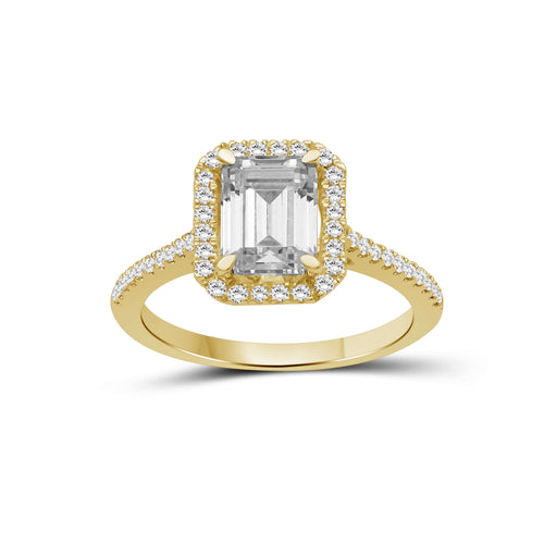 1.00-3.50 Carat T.W. Emerald & Round-cut Lab Grown Diamond (F/VS+) 14K Gold Halo Ring