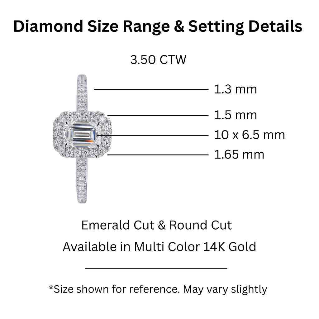 1.00-3.50 Carat T.W. Emerald & Round-cut Lab Grown Diamond (F/VS+) 14K Gold Halo Ring