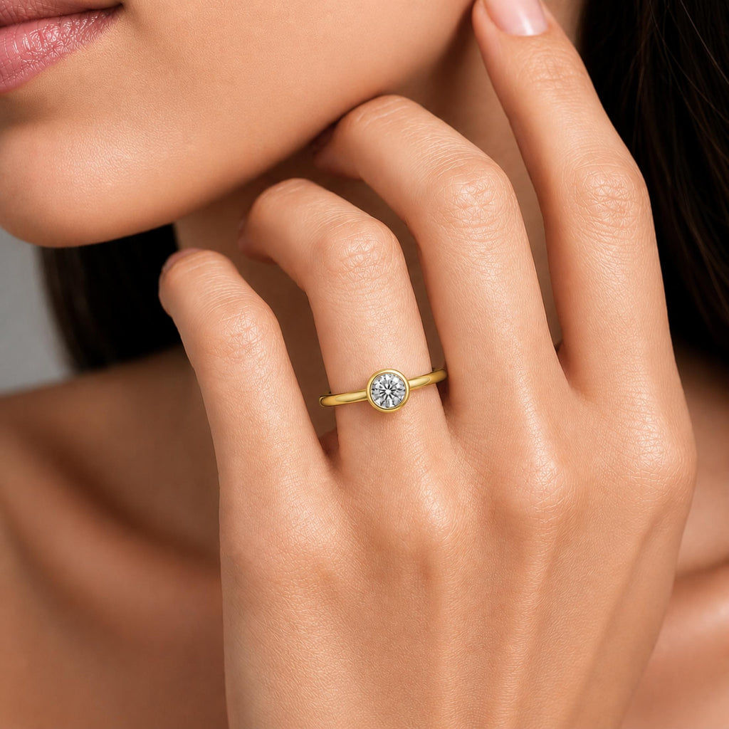 1.00-6.00 Carat T.W. Round-cut IGI Certified Lab Grown Diamond (F/VS+) 14K Gold Bezel Set Ring