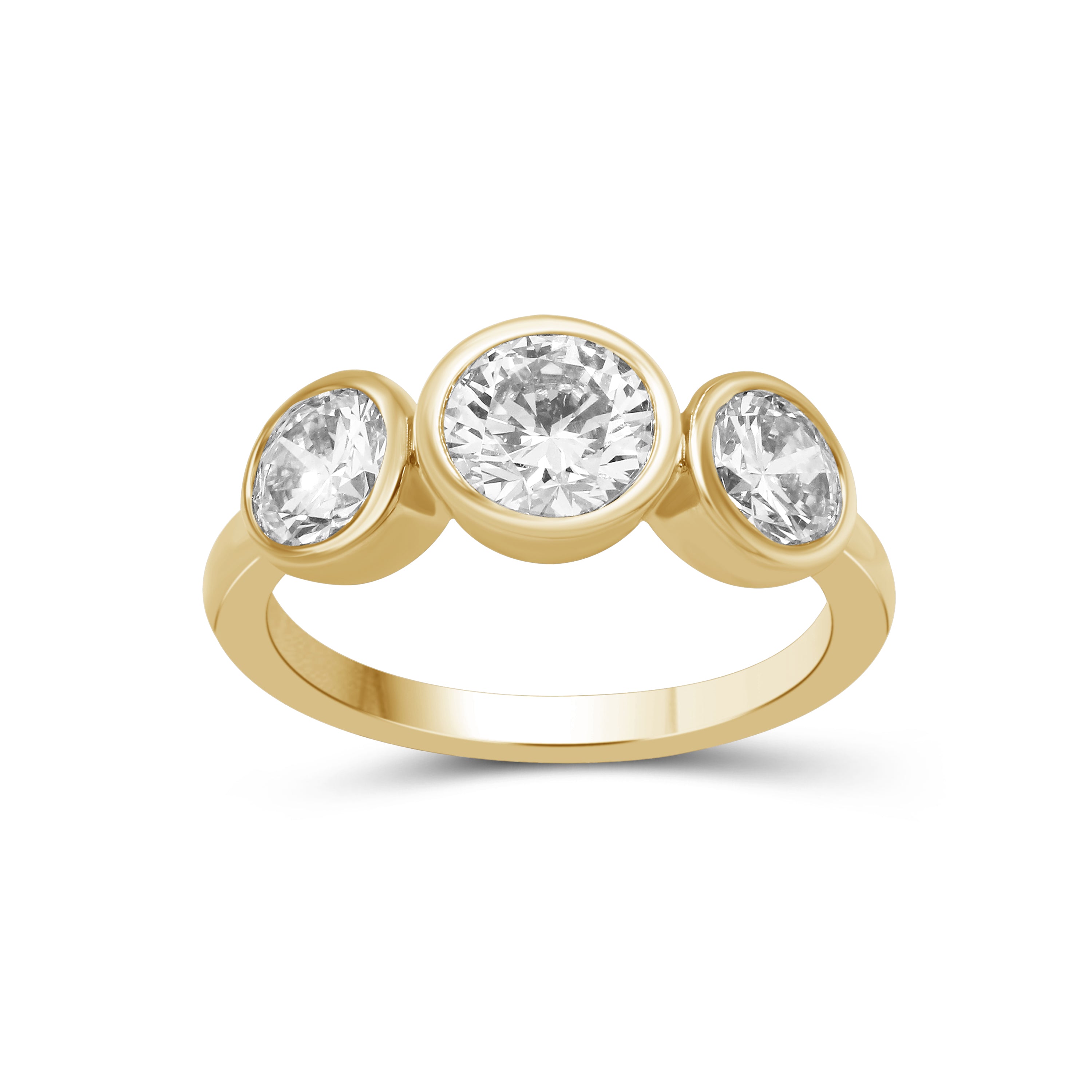 2.50 Carat T.W. Round-cut Lab Grown Diamond (F/VS+) 14K Gold Bezel Set 3 Stone Ring