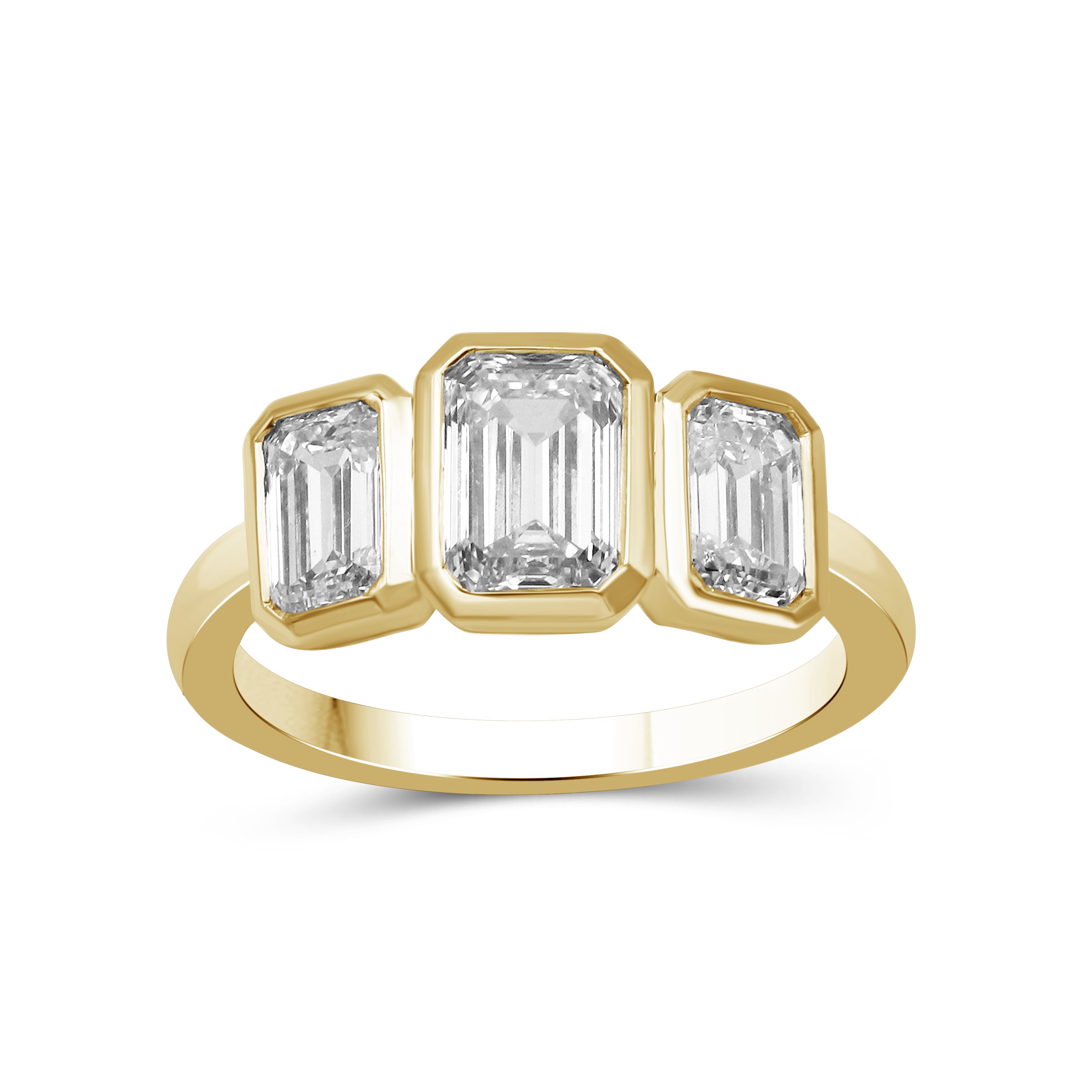 2.50 Carat T.W. Emerald-cut Lab Grown Diamond (F/VS+) 14K Gold Bezel Set 3 Stone Ring