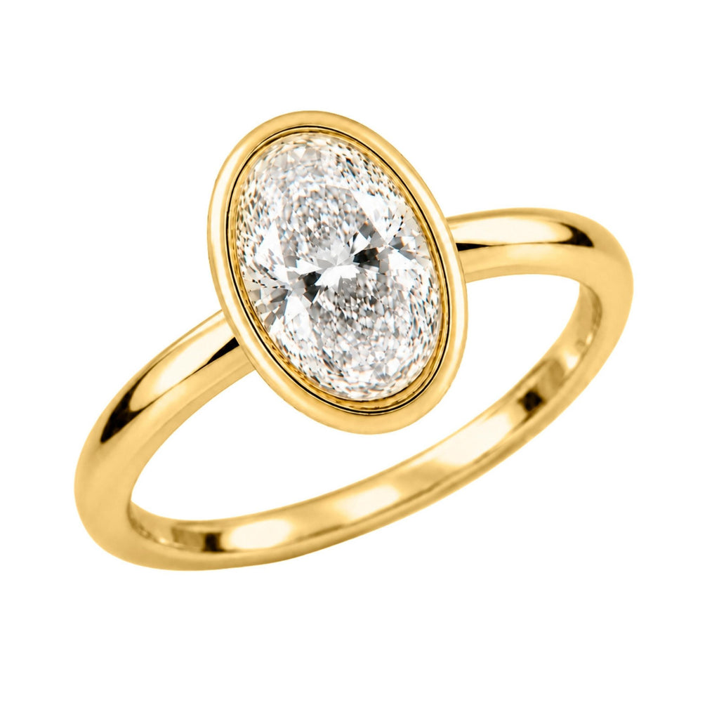 1.00-6.00 Carat T.W. Oval-cut IGI Certified Lab Grown Diamond (F/VS+) 14K Gold Bezel Set Ring