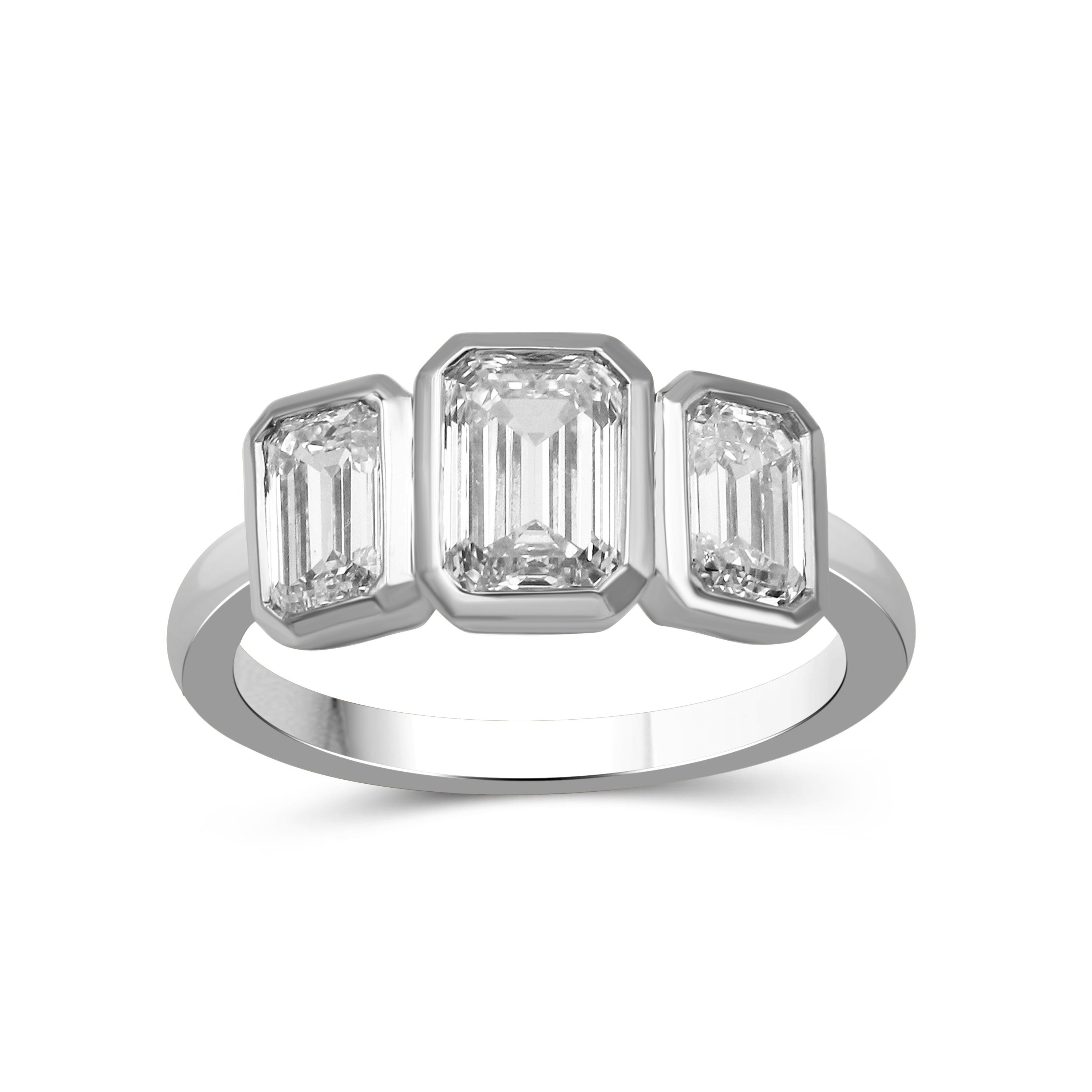2.50 Carat T.W. Emerald-cut Lab Grown Diamond (F/VS+) 14K Gold Bezel Set 3 Stone Ring