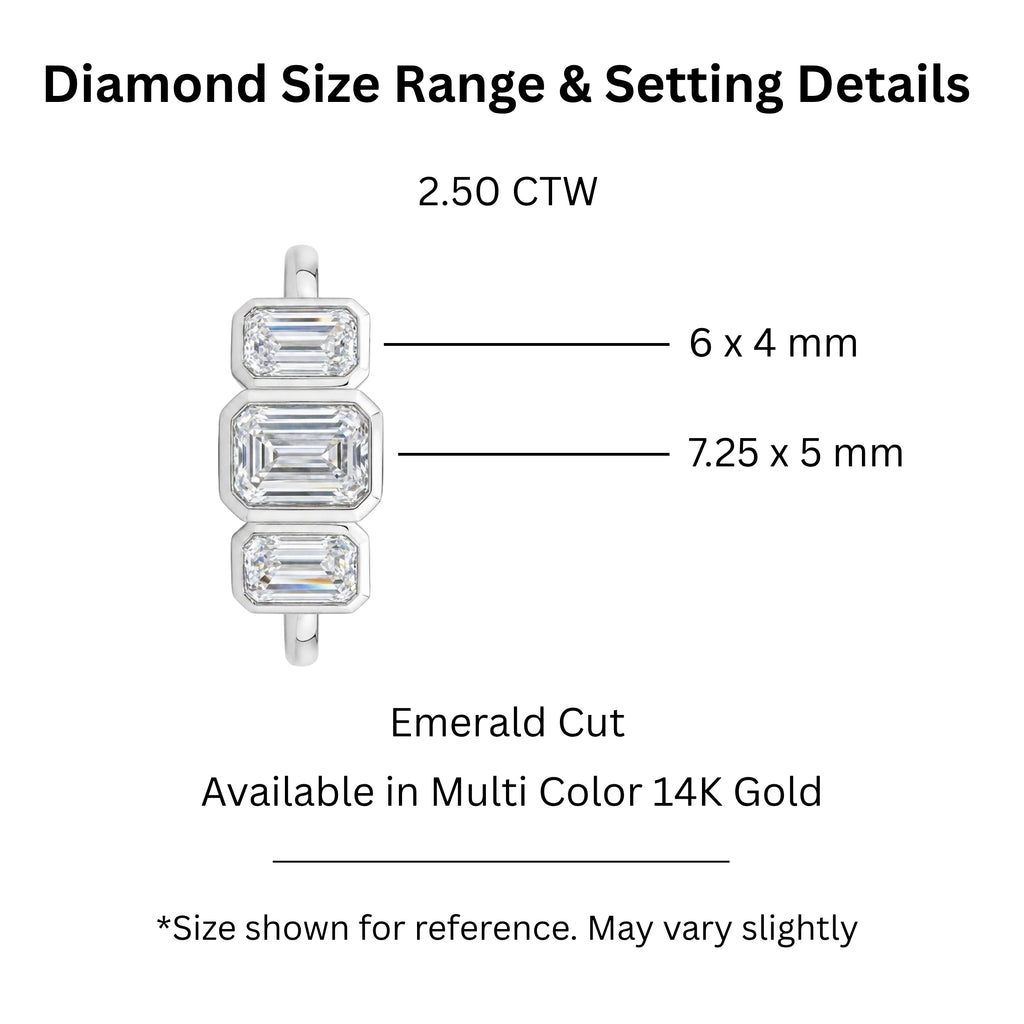 2.50 Carat T.W. Emerald-cut Lab Grown Diamond (F/VS+) 14K Gold Bezel Set 3 Stone Ring