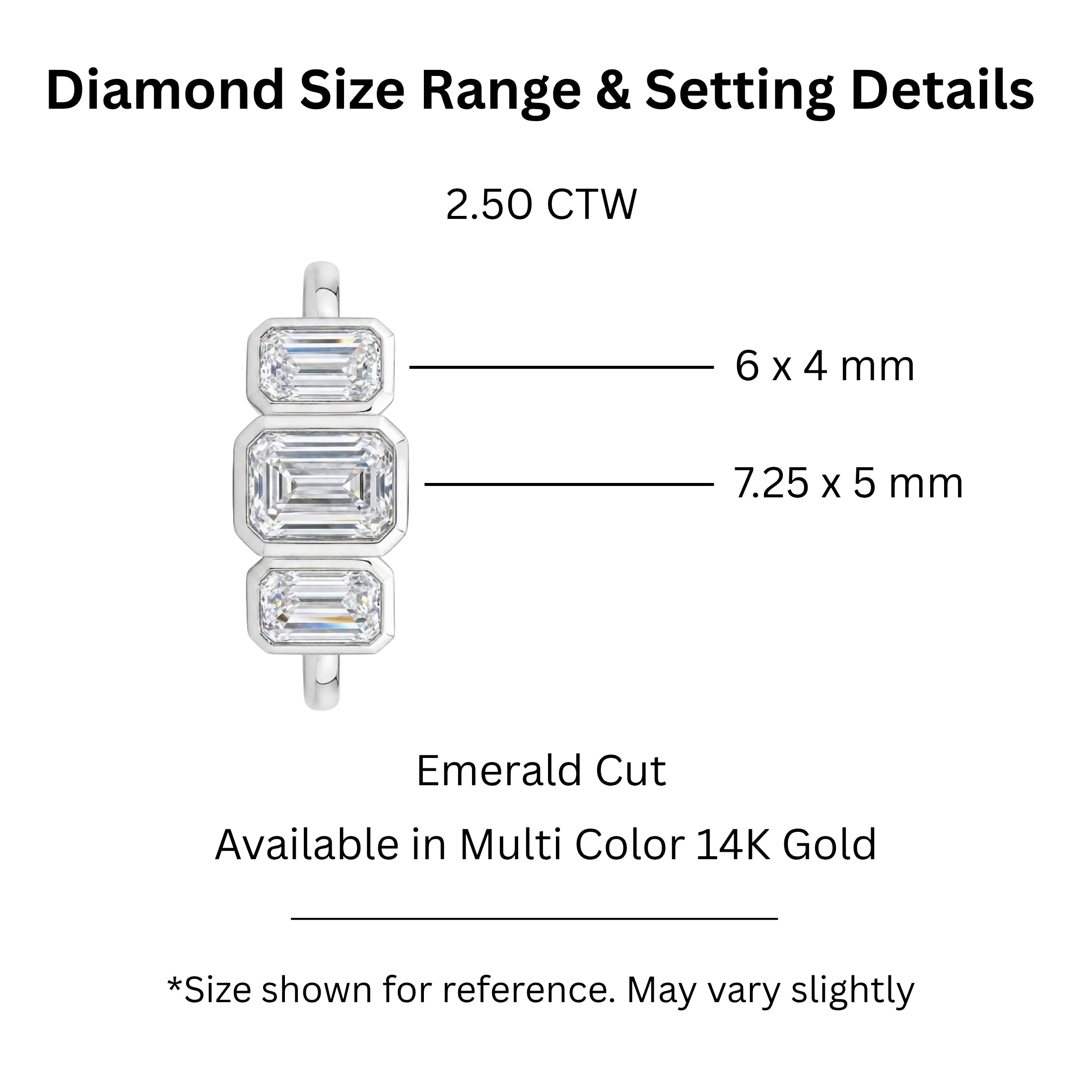 2.50 Carat T.W. Emerald-cut Lab Grown Diamond (F/VS+) 14K Gold Bezel Set 3 Stone Ring
