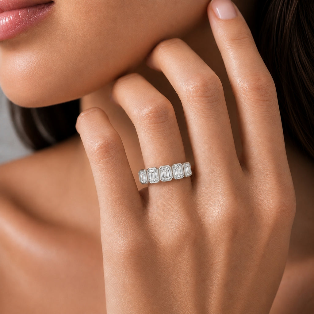 3.00 Carat T.W. Emerald-cut Lab Grown Diamond (F/VS+) 14K Gold Bezel Set 5 Stone Band Ring