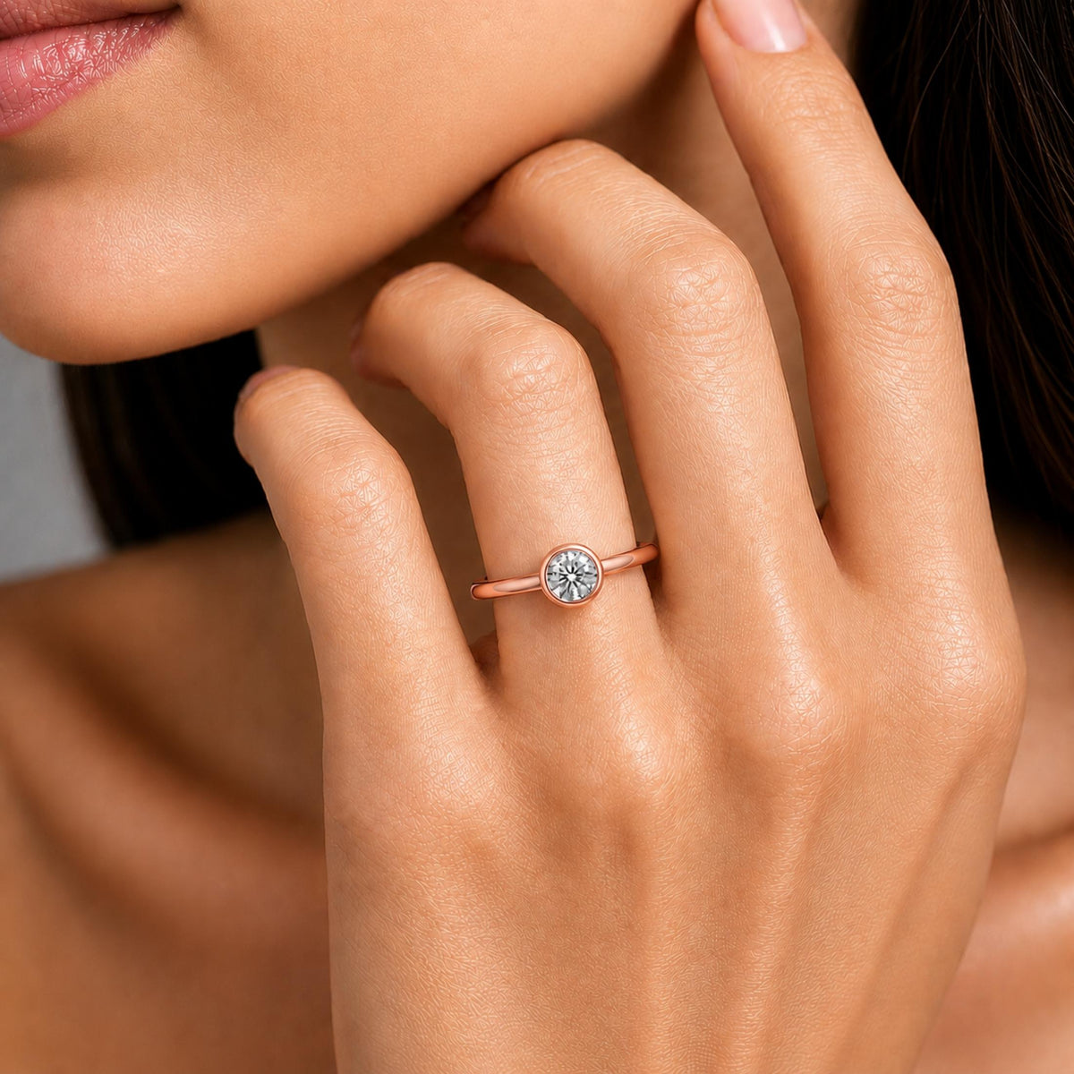 1.00-6.00 Carat T.W. Round-cut IGI Certified Lab Grown Diamond (F/VS+) 14K Gold Bezel Set Ring