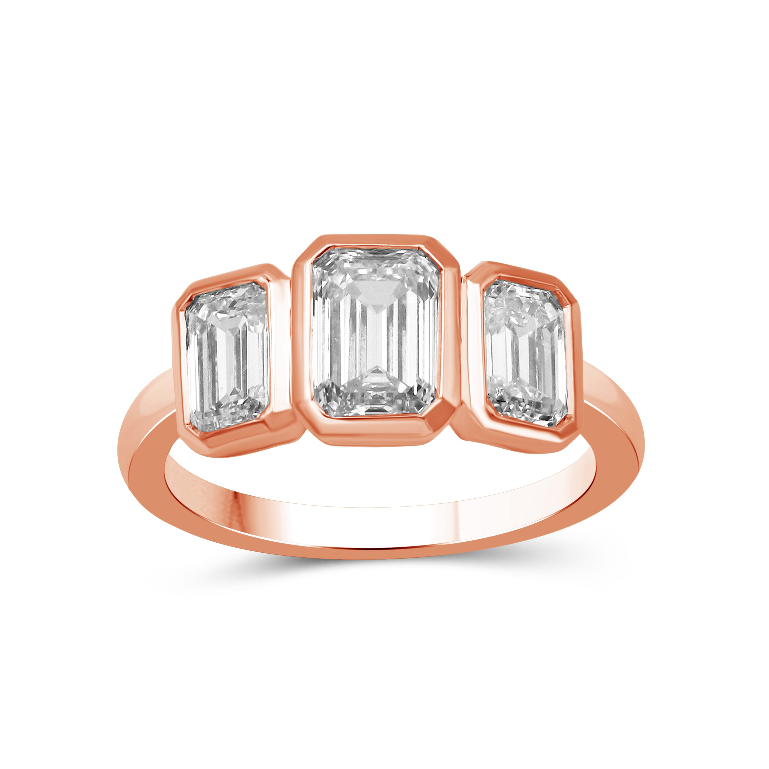 2.50 Carat T.W. Emerald-cut Lab Grown Diamond (F/VS+) 14K Gold Bezel Set 3 Stone Ring