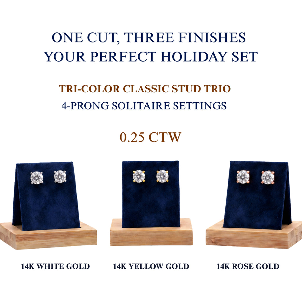 3-Pair 14K Gold Lab Diamond Stud Set 0.25ctw Each White Yellow Rose