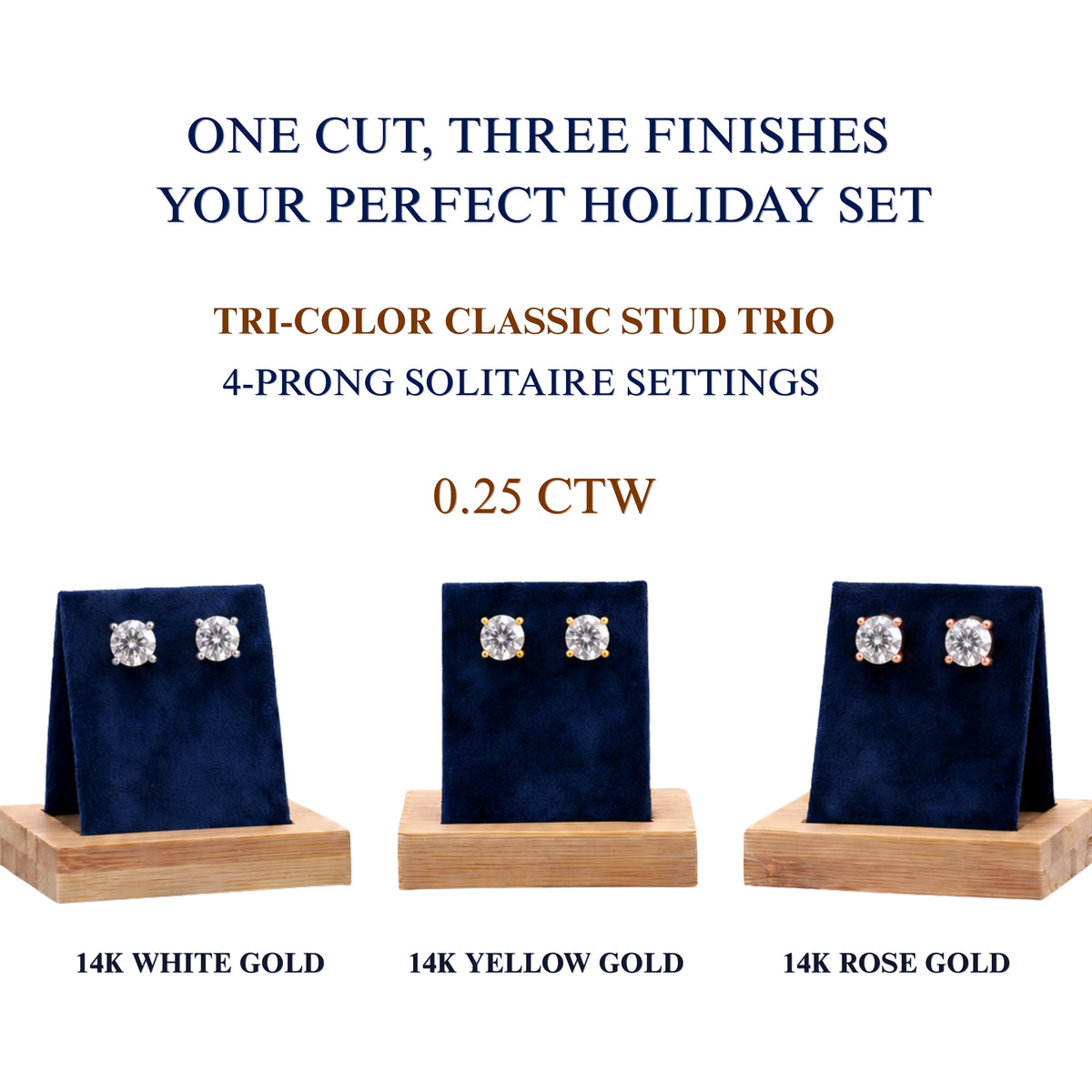 3-Pair 14K Gold Lab Diamond Stud Set 0.25ctw Each White Yellow Rose