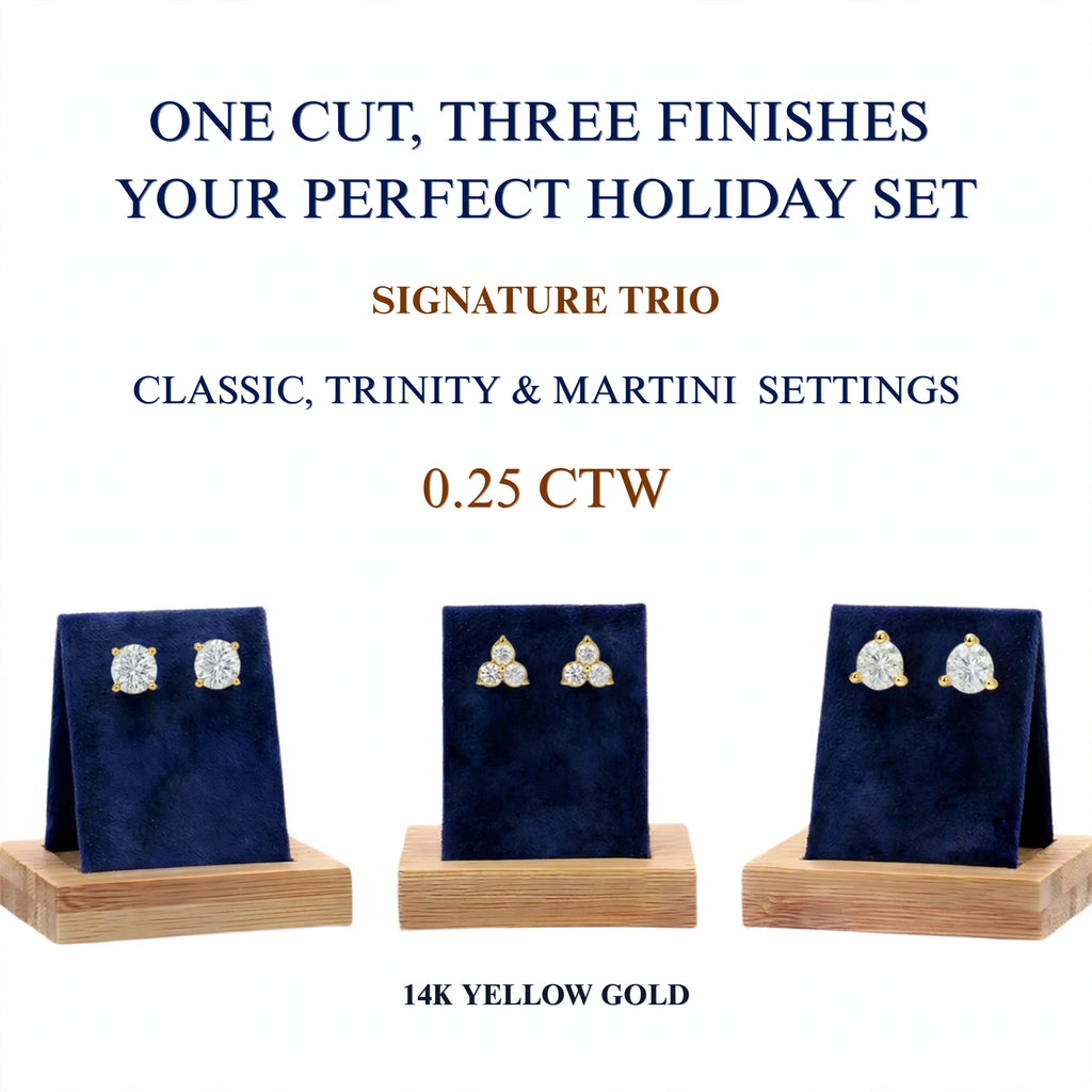 3-Pair 14K Yellow Gold Lab Diamond Stud Set 0.25ctw 3 Styles F/VS+