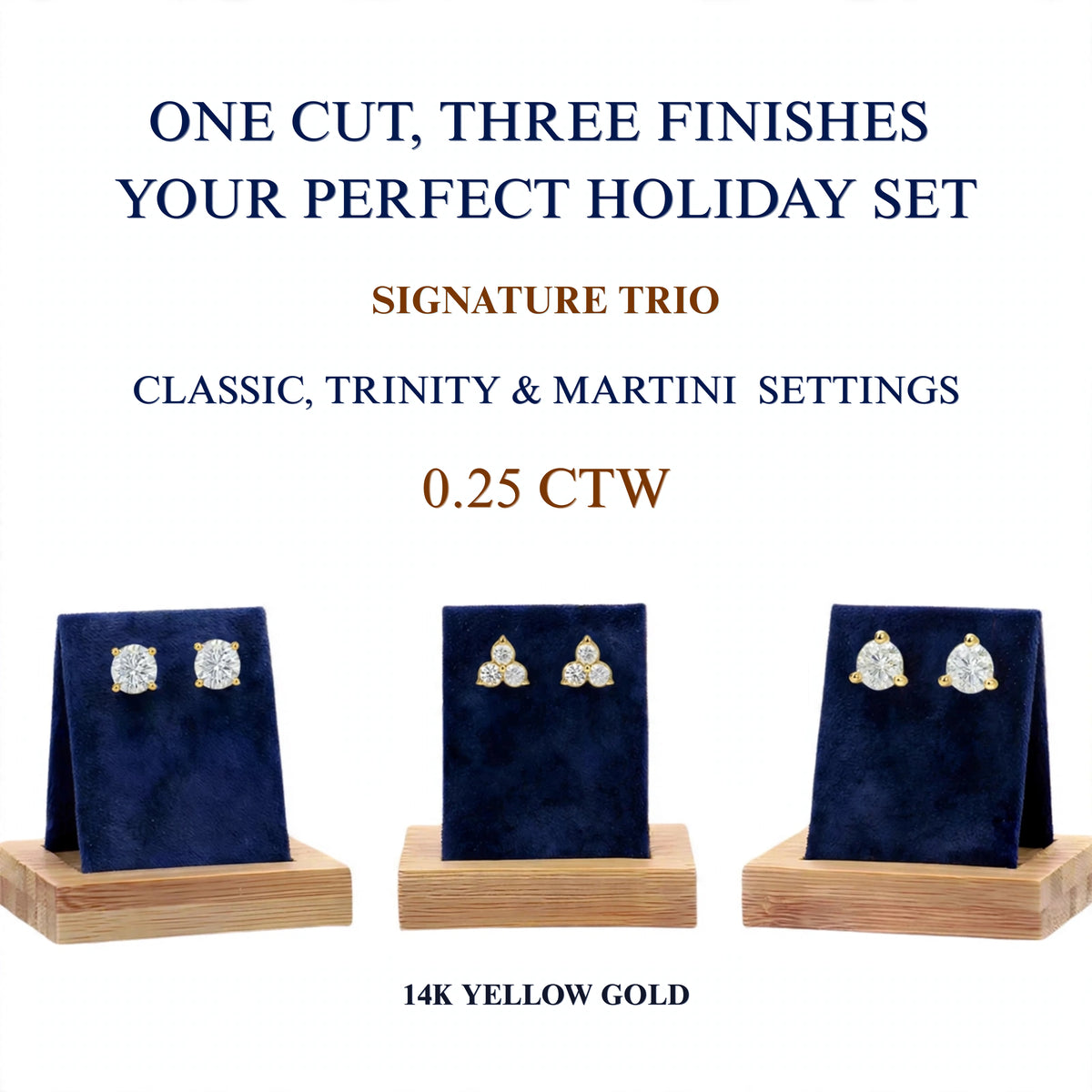 3-Pair 14K Yellow Gold Lab Diamond Stud Set 0.25ctw 3 Styles F/VS+