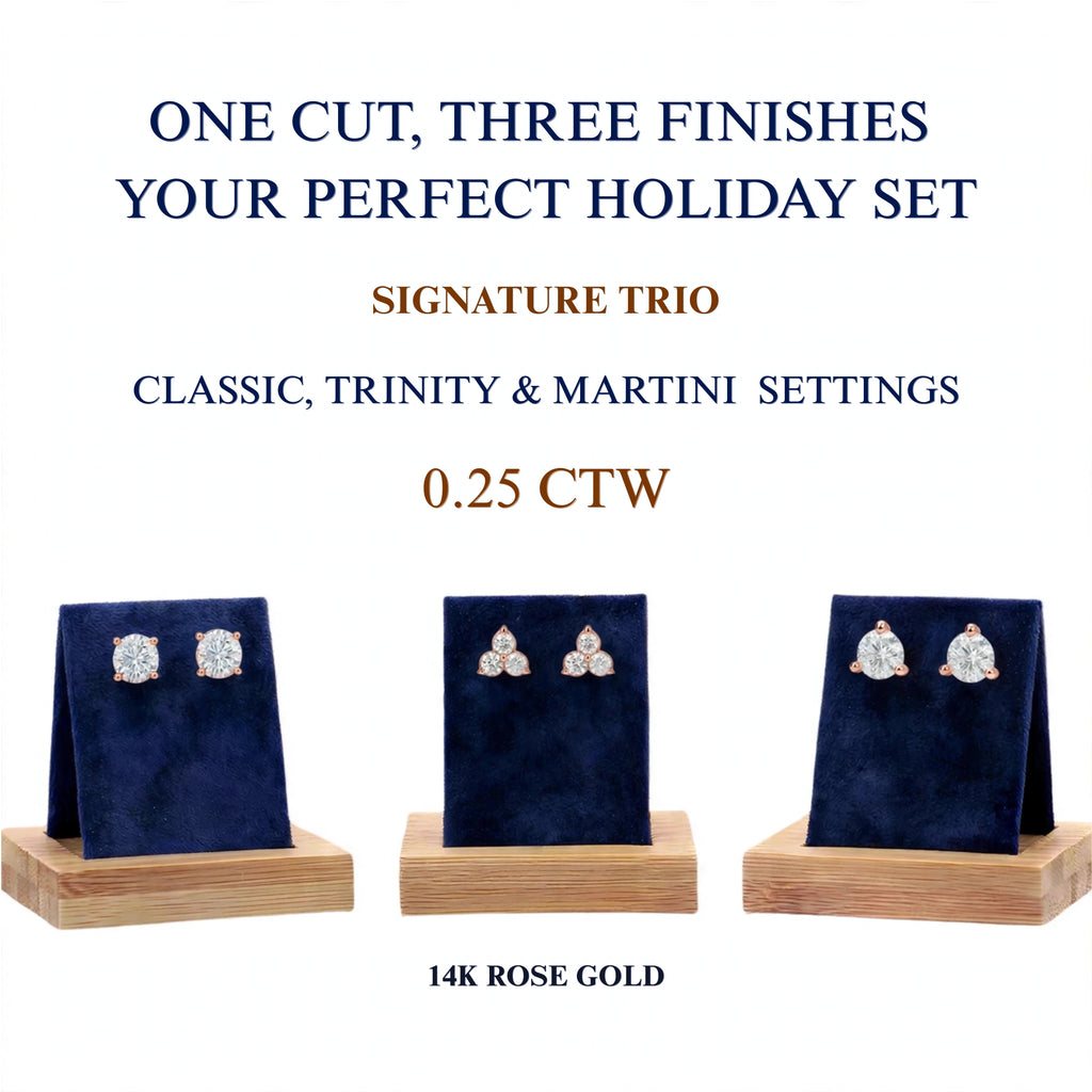 3-Pair 14K Rose Gold Lab Diamond Stud Set 0.25ctw 3 Styles F/VS+