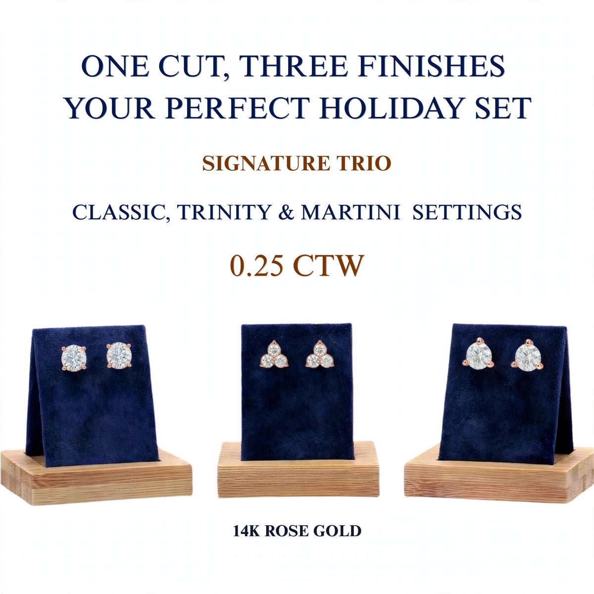 3-Pair 14K Rose Gold Lab Diamond Stud Set 0.25ctw 3 Styles F/VS+