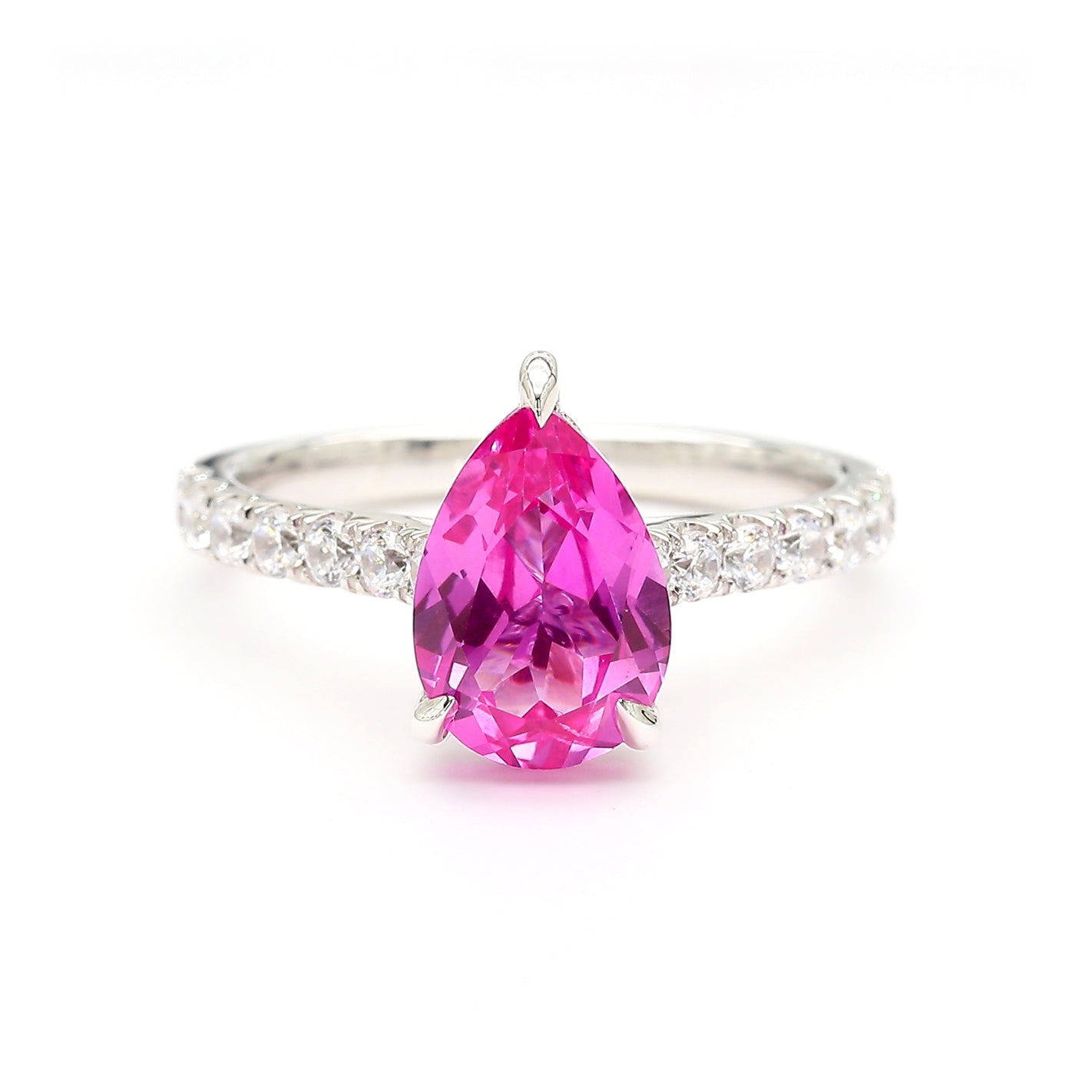 Pear Shape Pink Sapphire & White Diamond 14K White Gold Ring Size 7