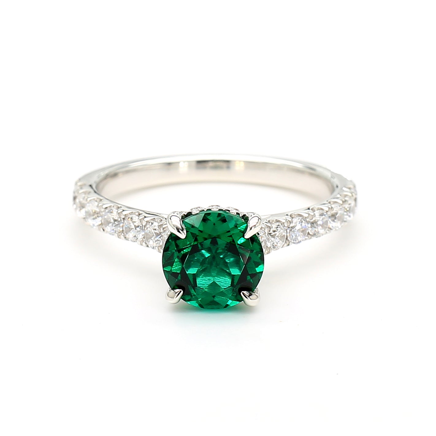 Round Shape Emerald & White Diamond 14K White Gold Ring Size 7
