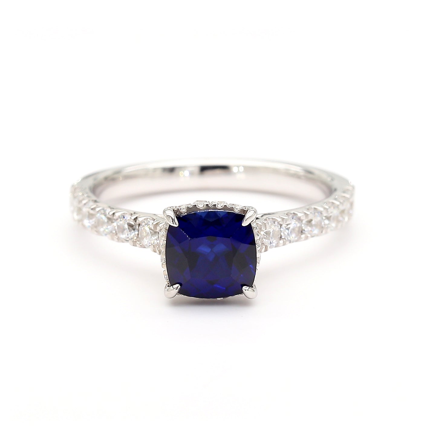 Cushion Shape Sapphire & White Diamond 14K White Gold Ring Size 7