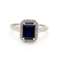 Emerald Shape Sapphire & White Diamond 14K White Gold Halo Ring Size 7