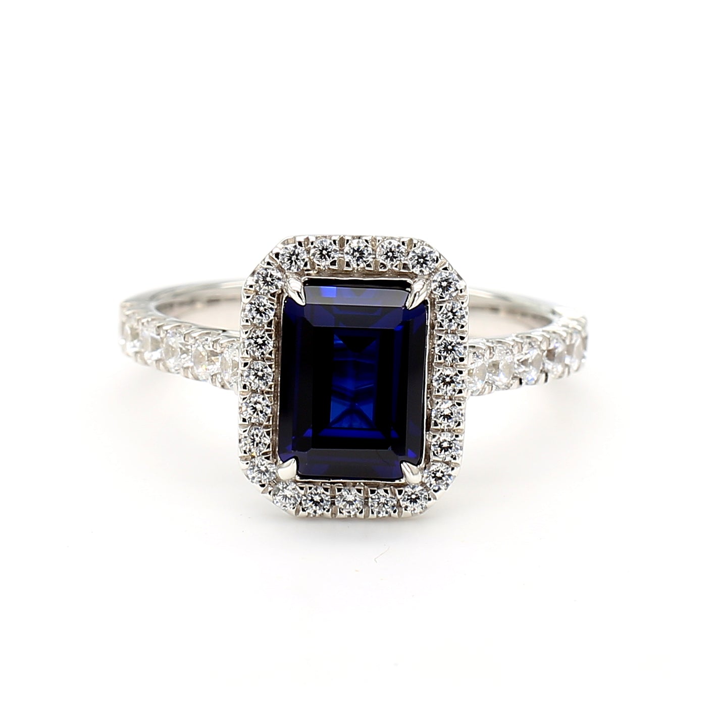 Emerald Shape Sapphire & White Diamond 14K White Gold Halo Ring Size 7